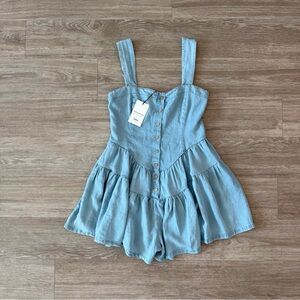NWT Promesa Sky High Denim Button-Front Tiered Ruffle Romper, Size Small